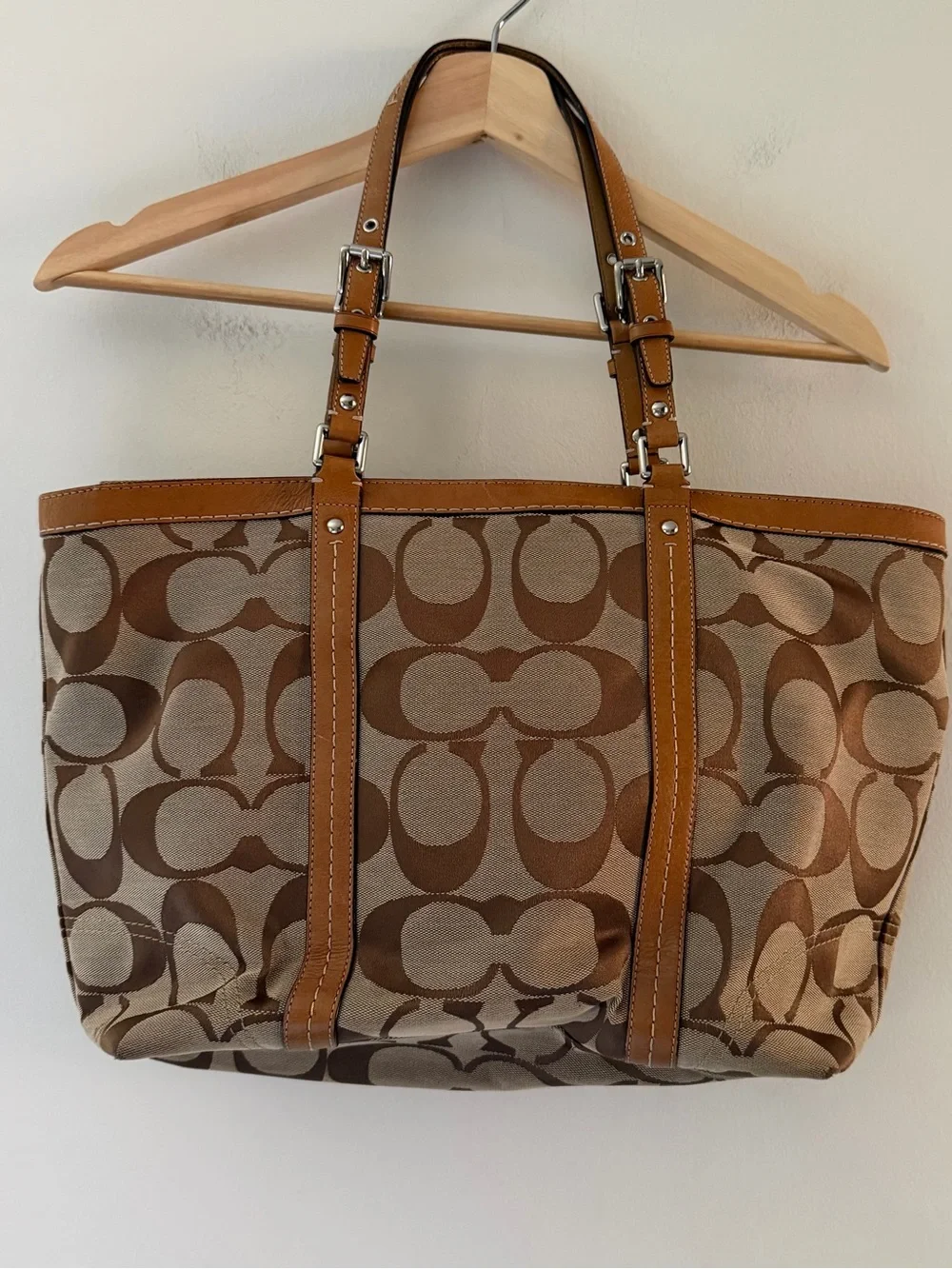 Coach Y2K Bag Tote Purse Signature Jacquard Tote Khaki Brown Leather
